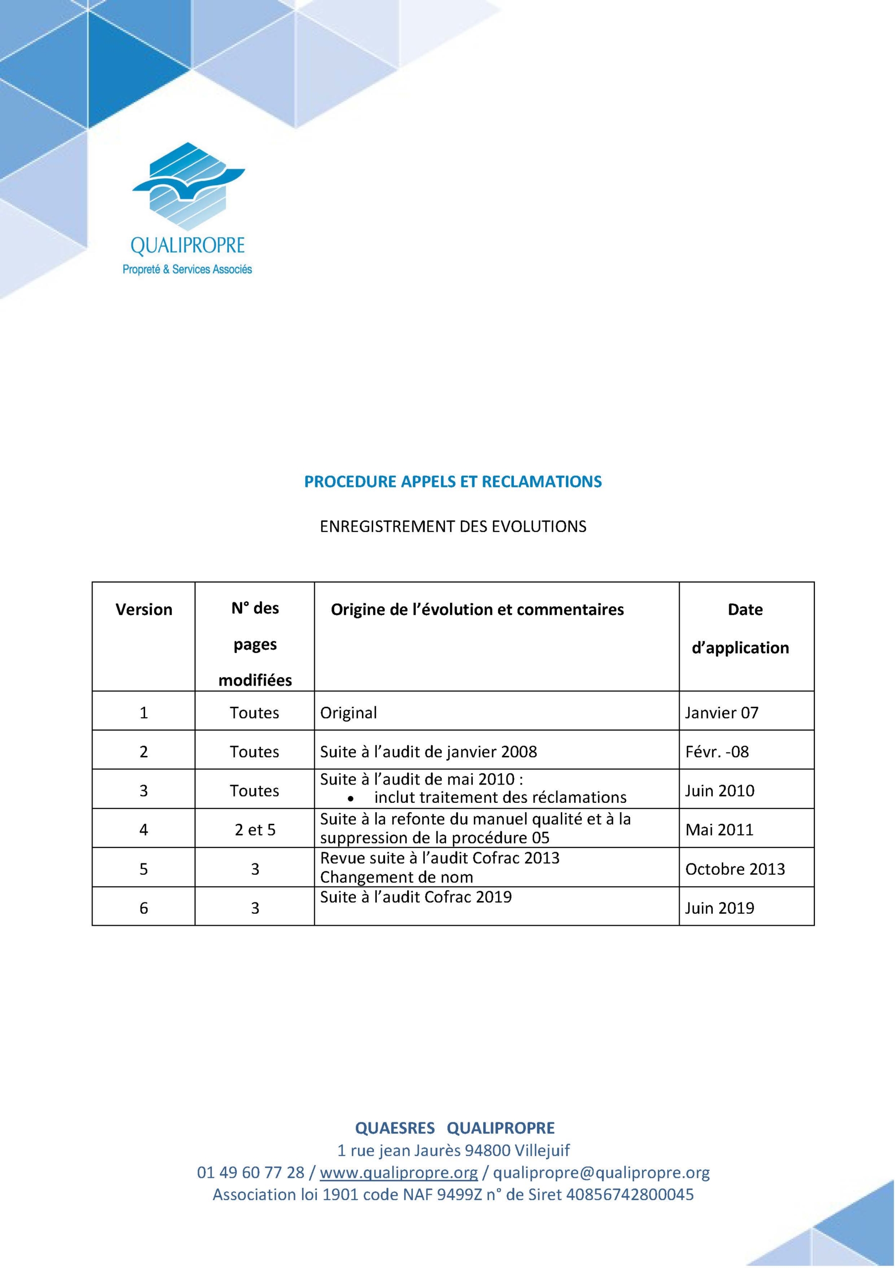 Procédure d'appels et de réclamation